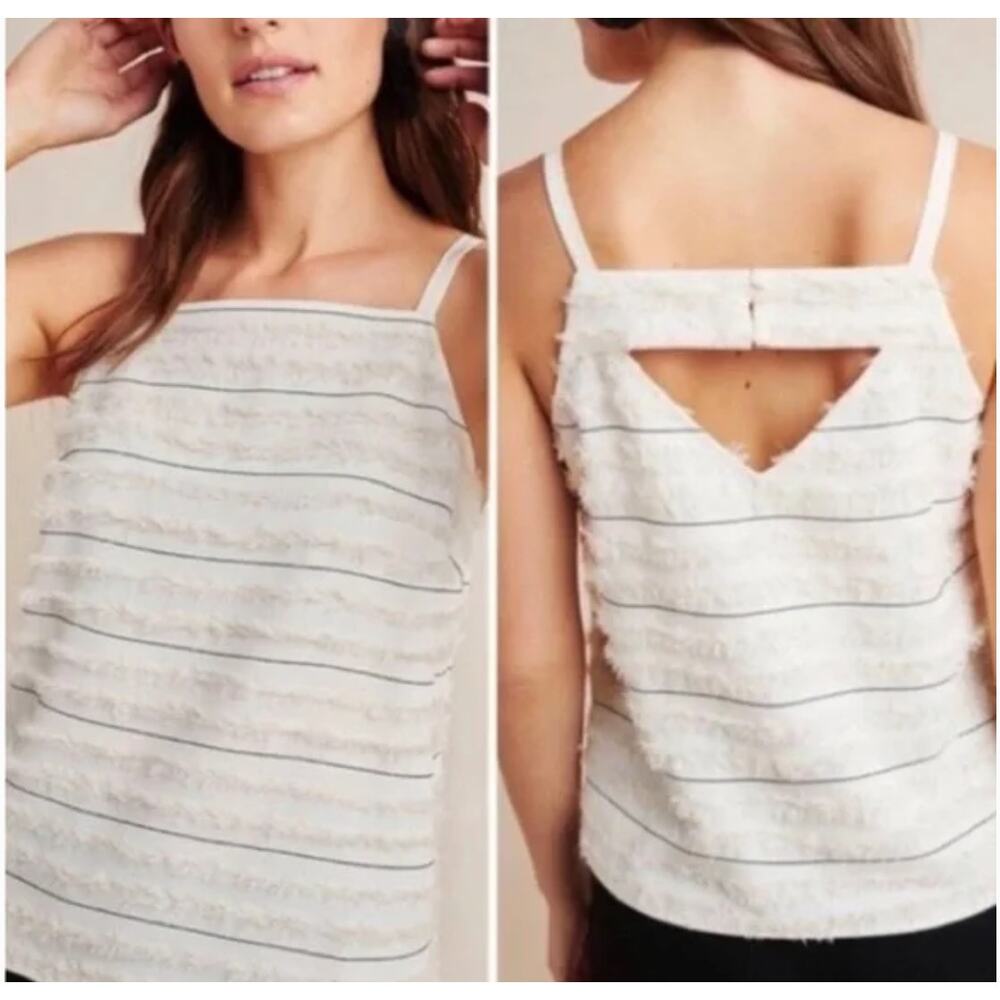 Maeve Anthropologie Sz 6 Quinn Cream‎ Fringe Textured Cami Tank Top Square Neck
